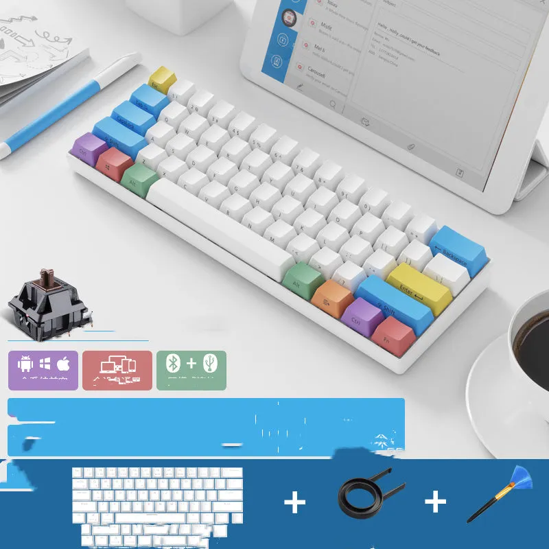 RK 61 wireless mechanical keyboard with Bluetooth, showing compact layout and carrying belt.