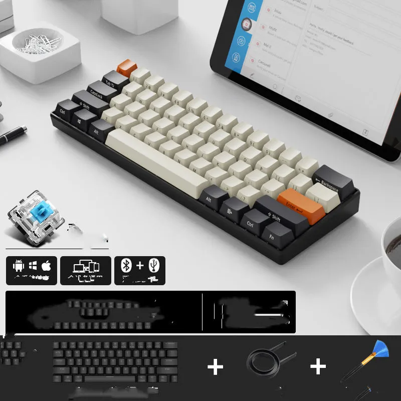 RK 61 wireless mechanical keyboard with Bluetooth, showing compact layout and carrying belt.