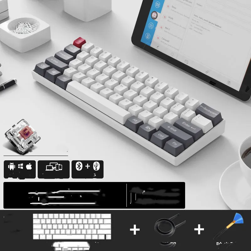 RK 61 wireless mechanical keyboard with Bluetooth, showing compact layout and carrying belt.