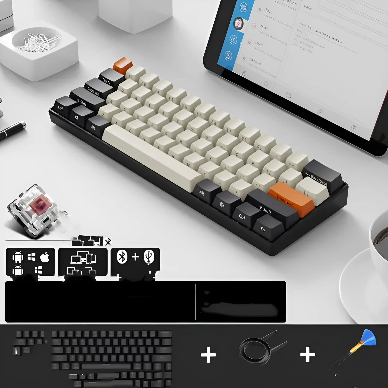RK 61 wireless mechanical keyboard with Bluetooth, showing compact layout and carrying belt.