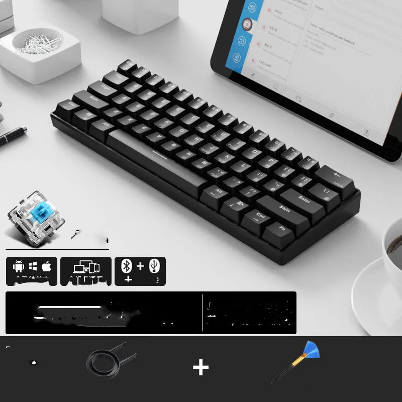 RK 61 wireless mechanical keyboard with Bluetooth, showing compact layout and carrying belt.