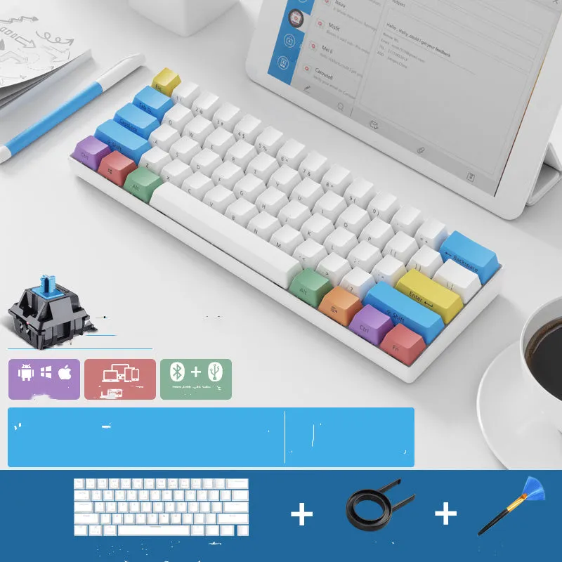 RK 61 wireless mechanical keyboard with Bluetooth, showing compact layout and carrying belt.