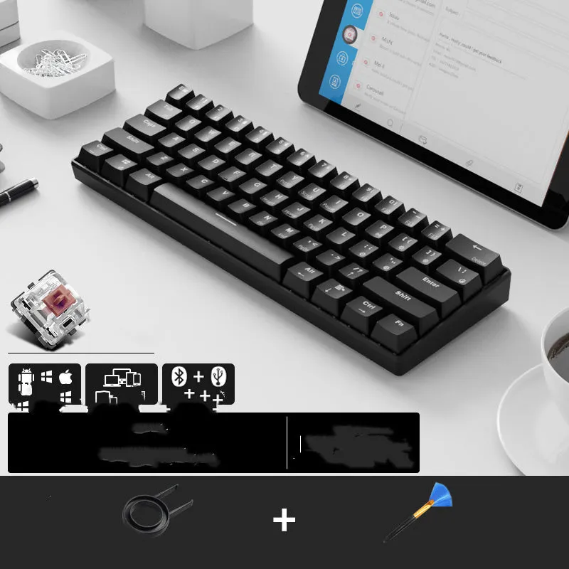 RK 61 wireless mechanical keyboard with Bluetooth, showing compact layout and carrying belt.
