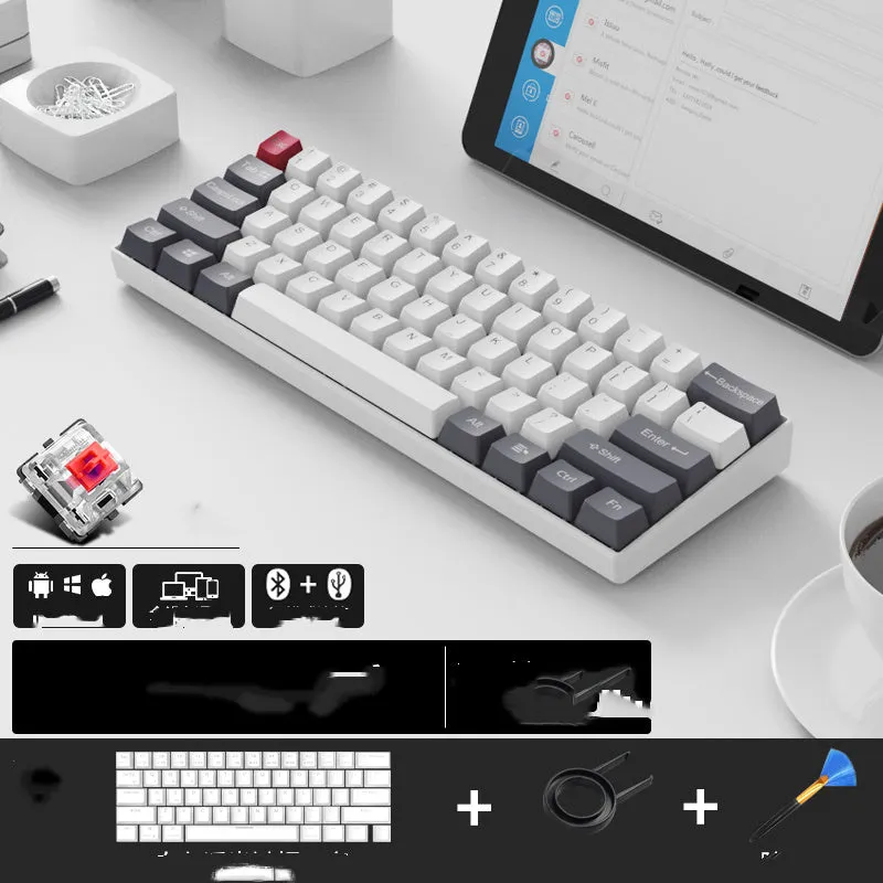 RK 61 wireless mechanical keyboard with Bluetooth, showing compact layout and carrying belt.