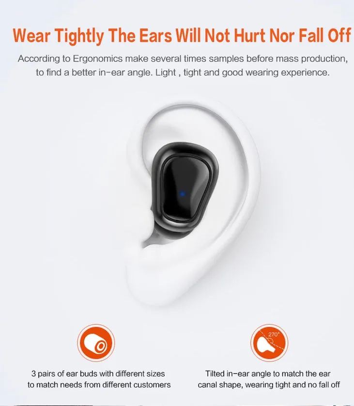 Black TWS sports headphones with separate wireless earpieces and compact charging case