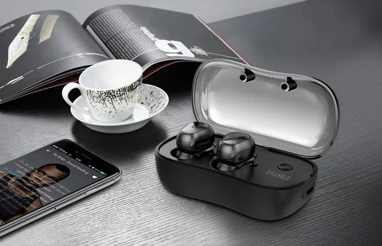 Black TWS sports headphones with separate wireless earpieces and compact charging case