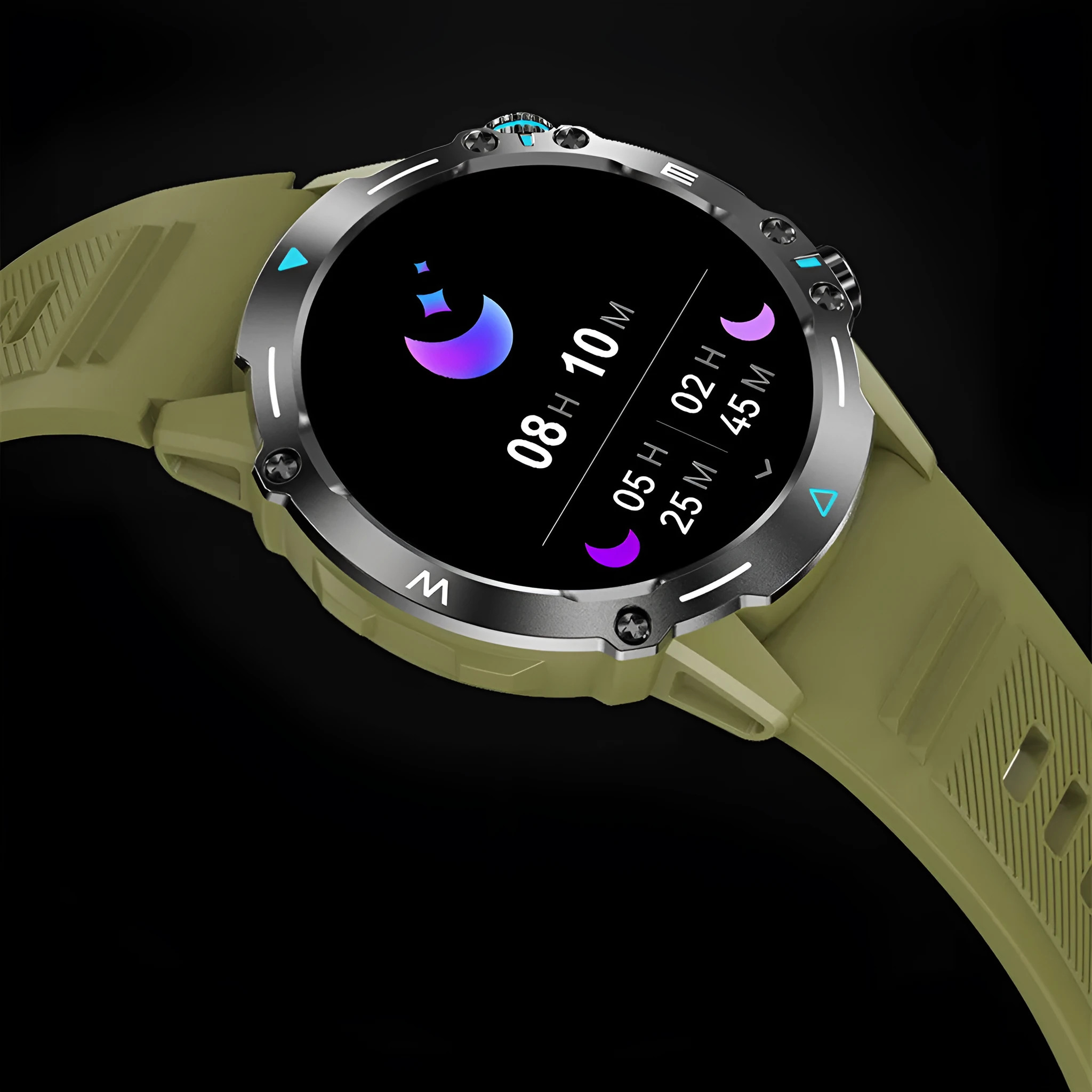 M42 smart watch in black, grey, or green with large AMOLED screen on wrist