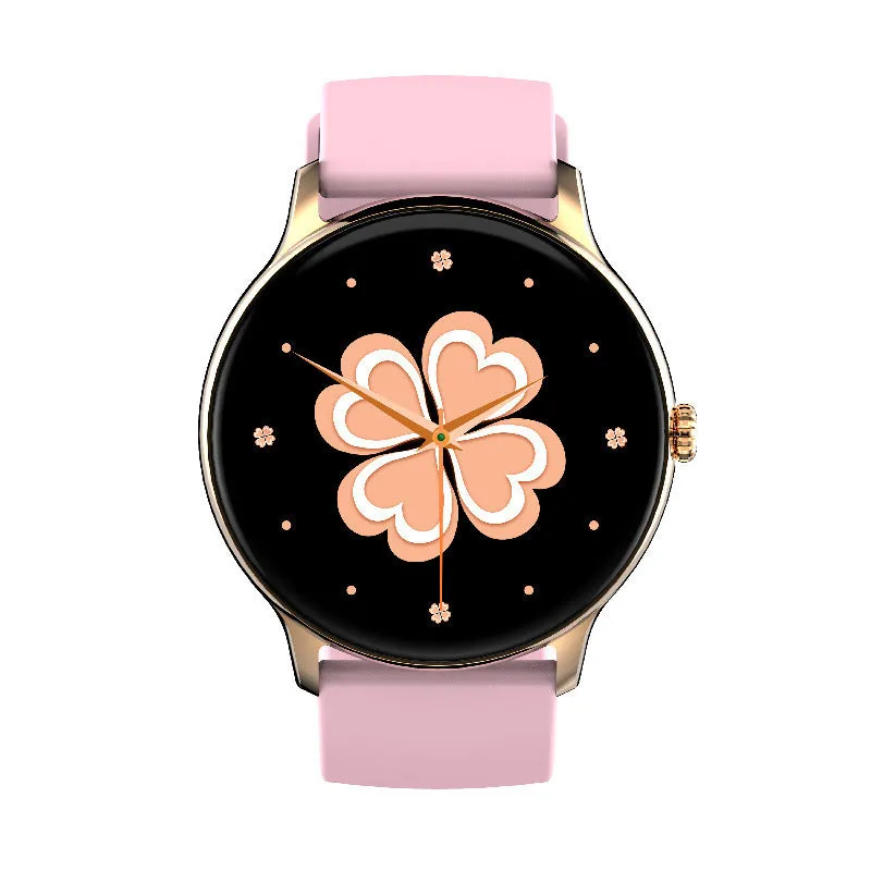 Black smart sports watch with circular screen displaying health metrics on a silicone wristband.