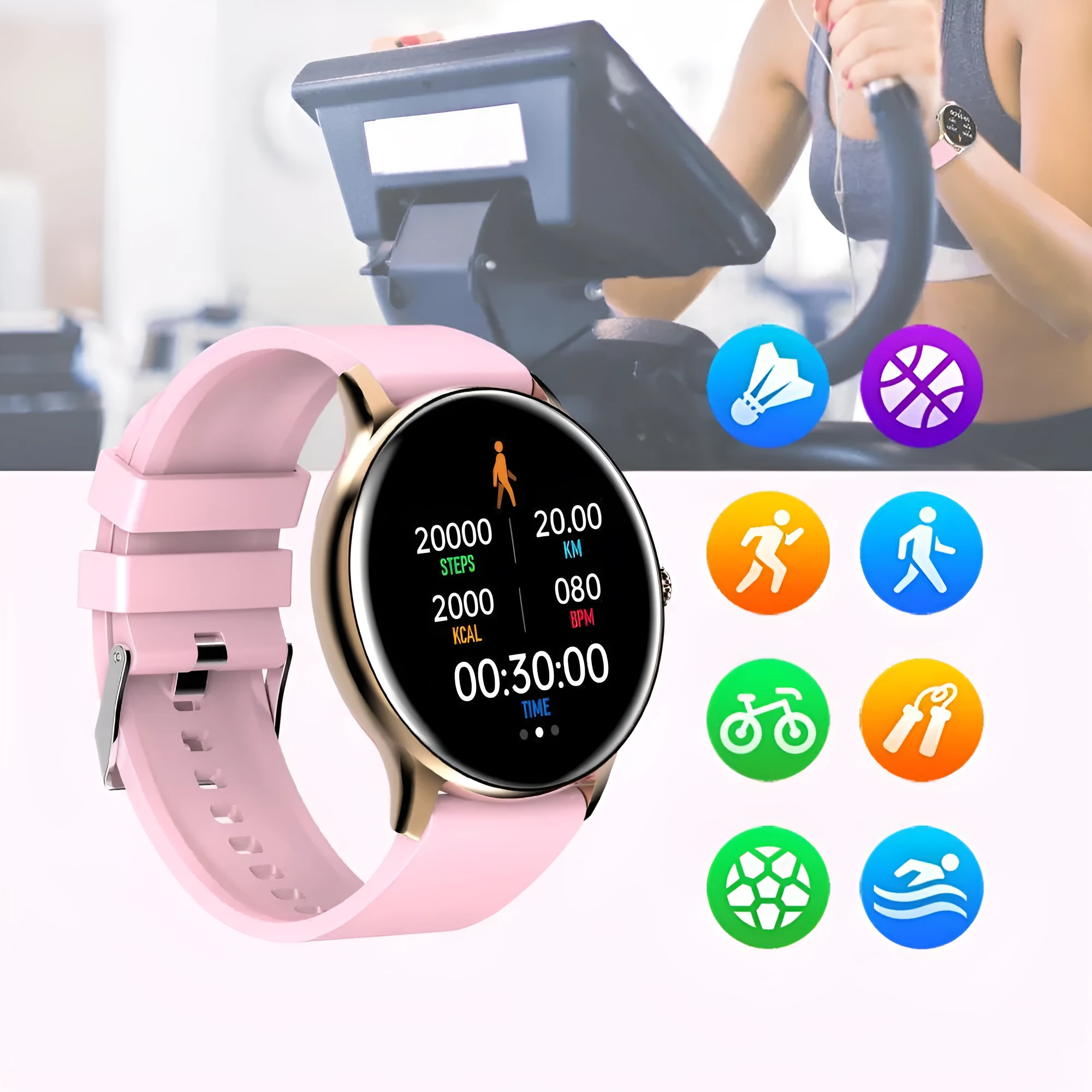 Black smart sports watch with circular screen displaying health metrics on a silicone wristband.