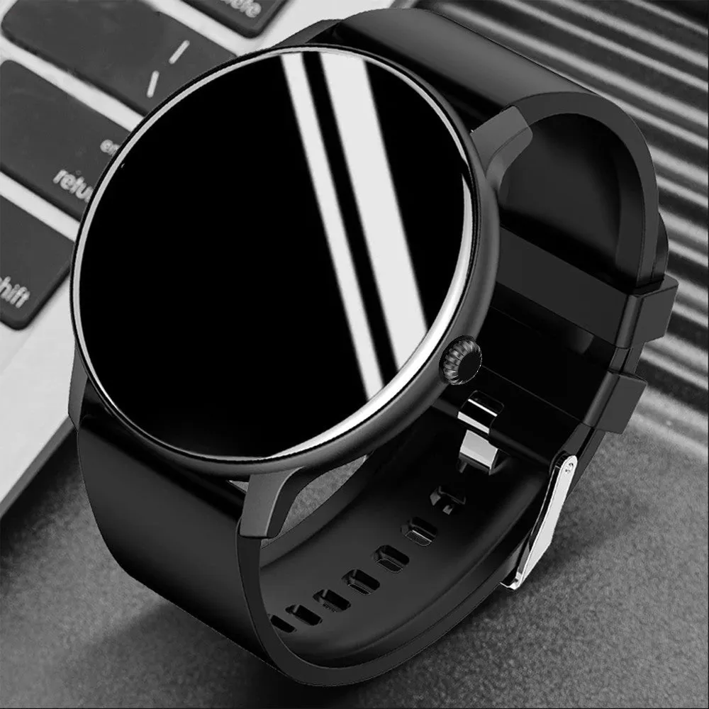 Black smart sports watch with circular screen displaying health metrics on a silicone wristband.