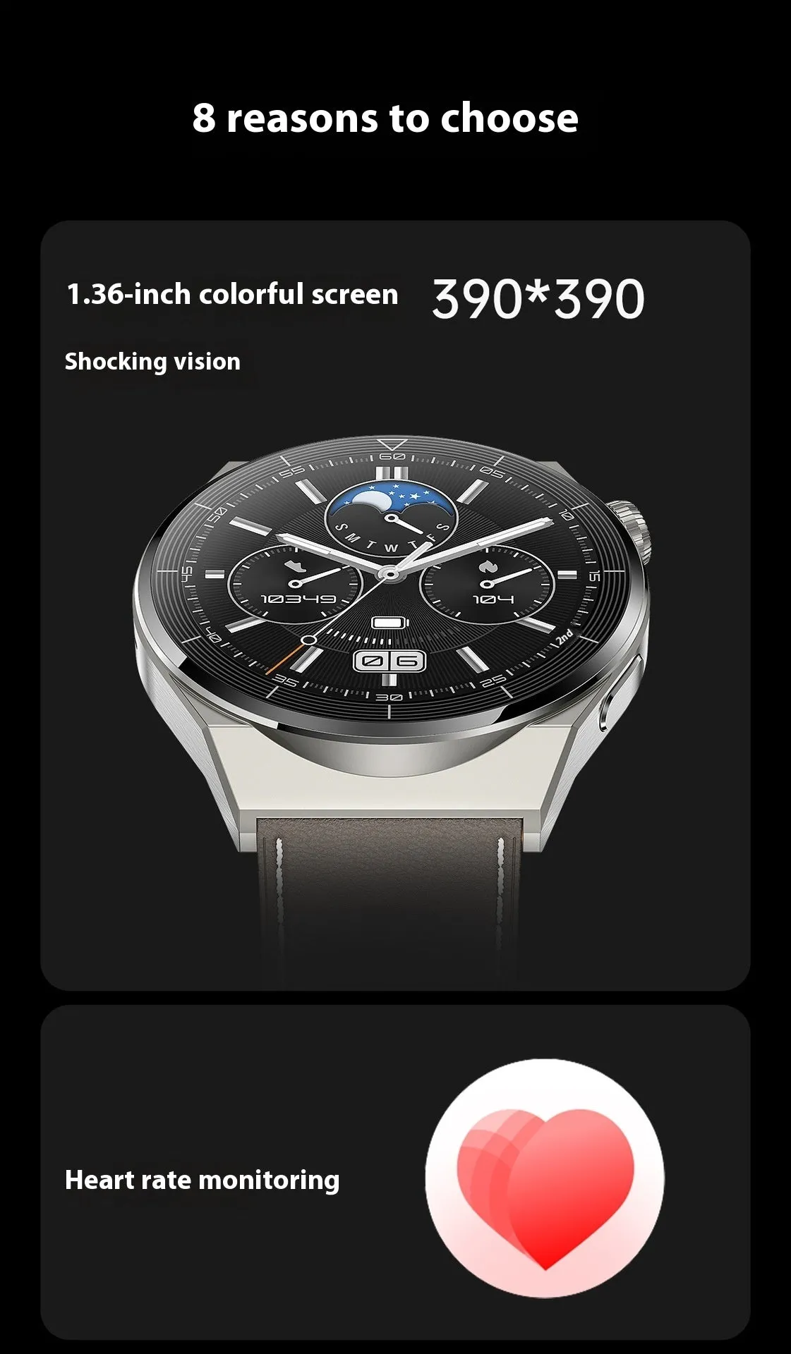 Black silicone strap silver vinyl case smartwatch with Bluetooth calling and health monitoring features on wrist