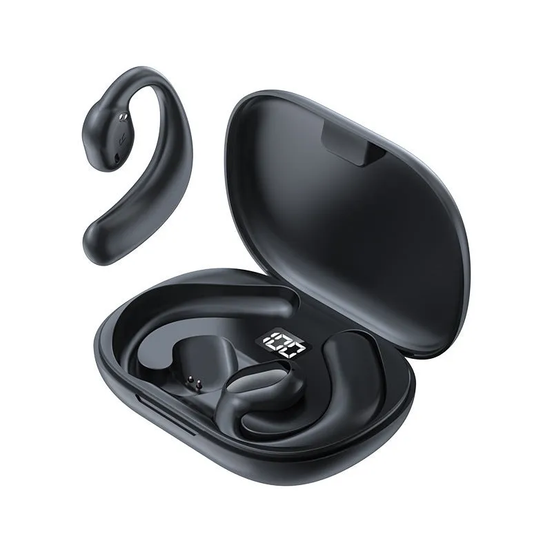 Black and white ear-mounted Bluetooth headset with digital display screen on the side.