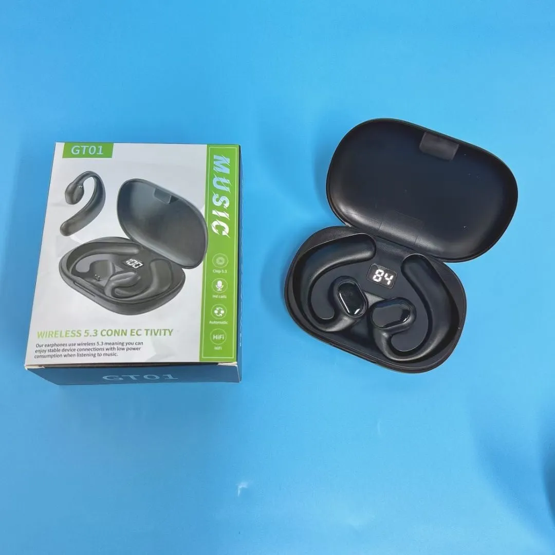 Black and white ear-mounted Bluetooth headset with digital display screen on the side.