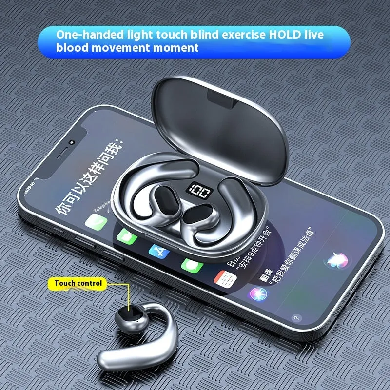 Black and white ear-mounted Bluetooth headset with digital display screen on the side.