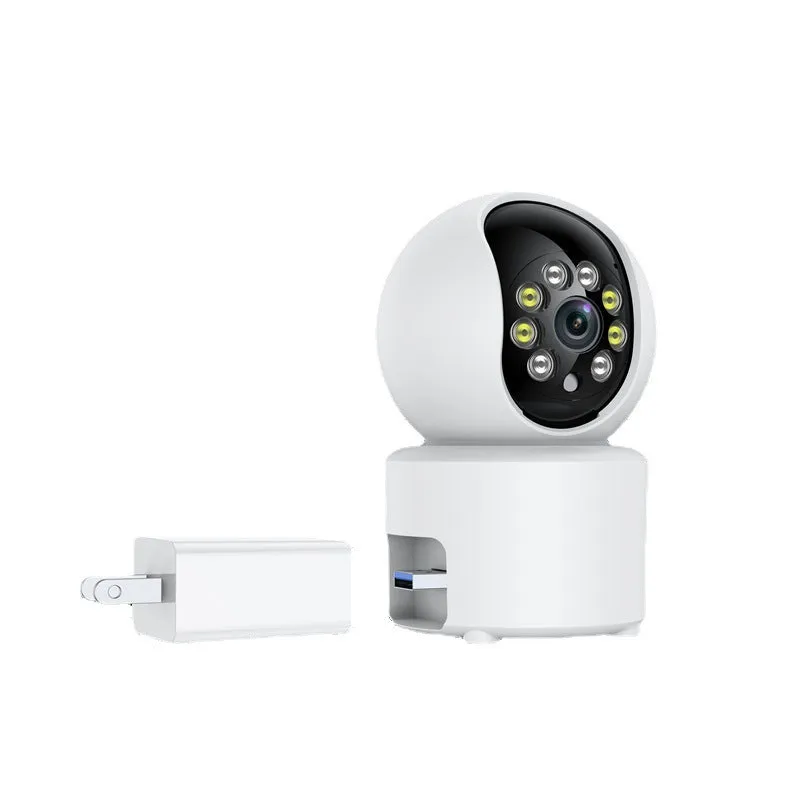 White wireless indoor security camera with 360-degree rotation capability on stand