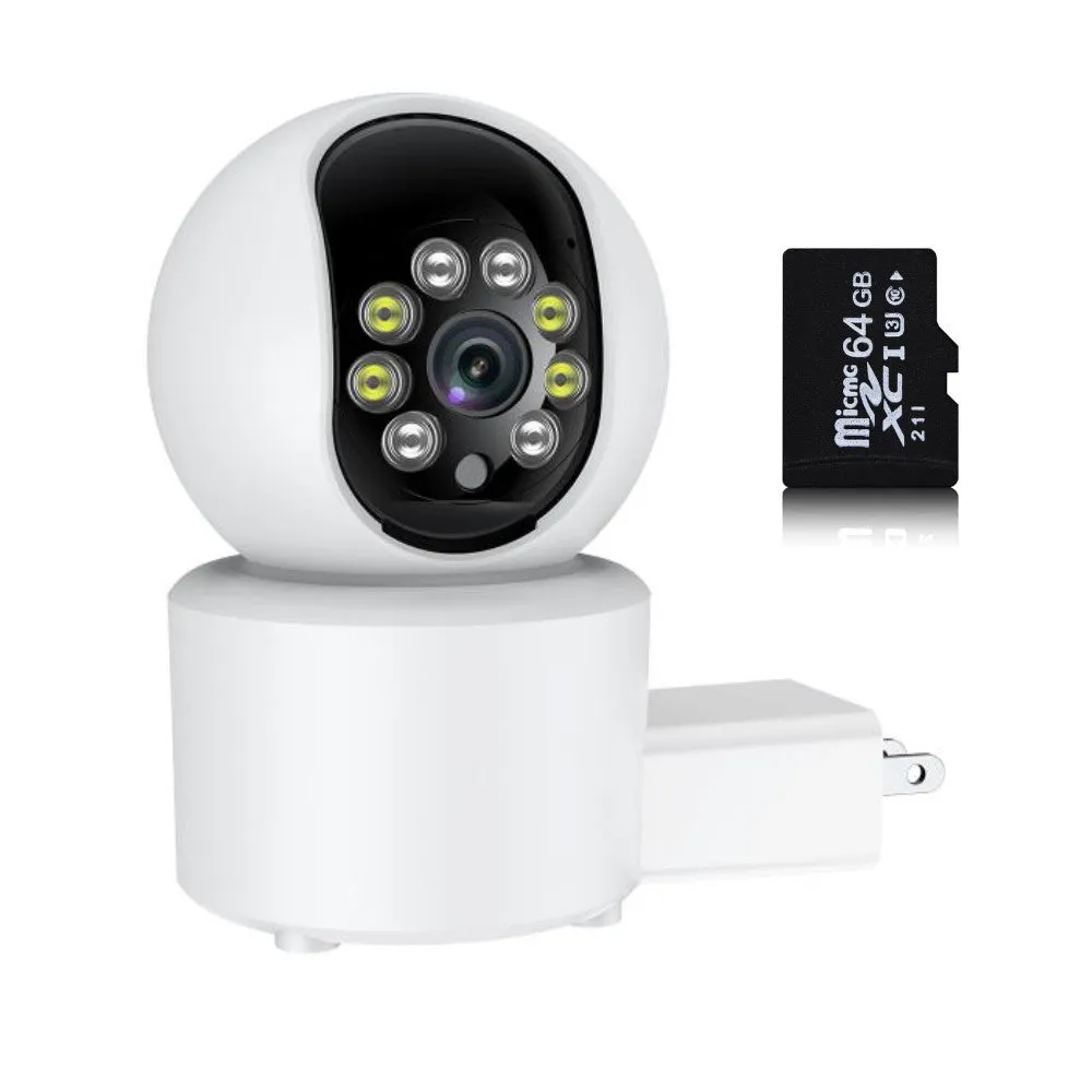 White wireless indoor security camera with 360-degree rotation capability on stand