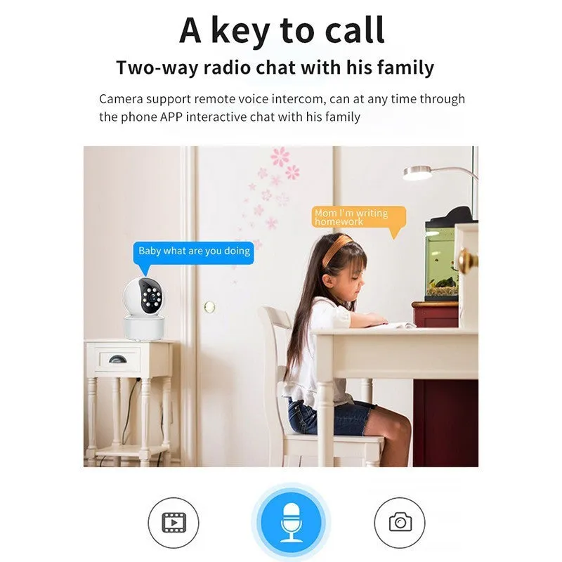 White wireless indoor security camera with 360-degree rotation capability on stand