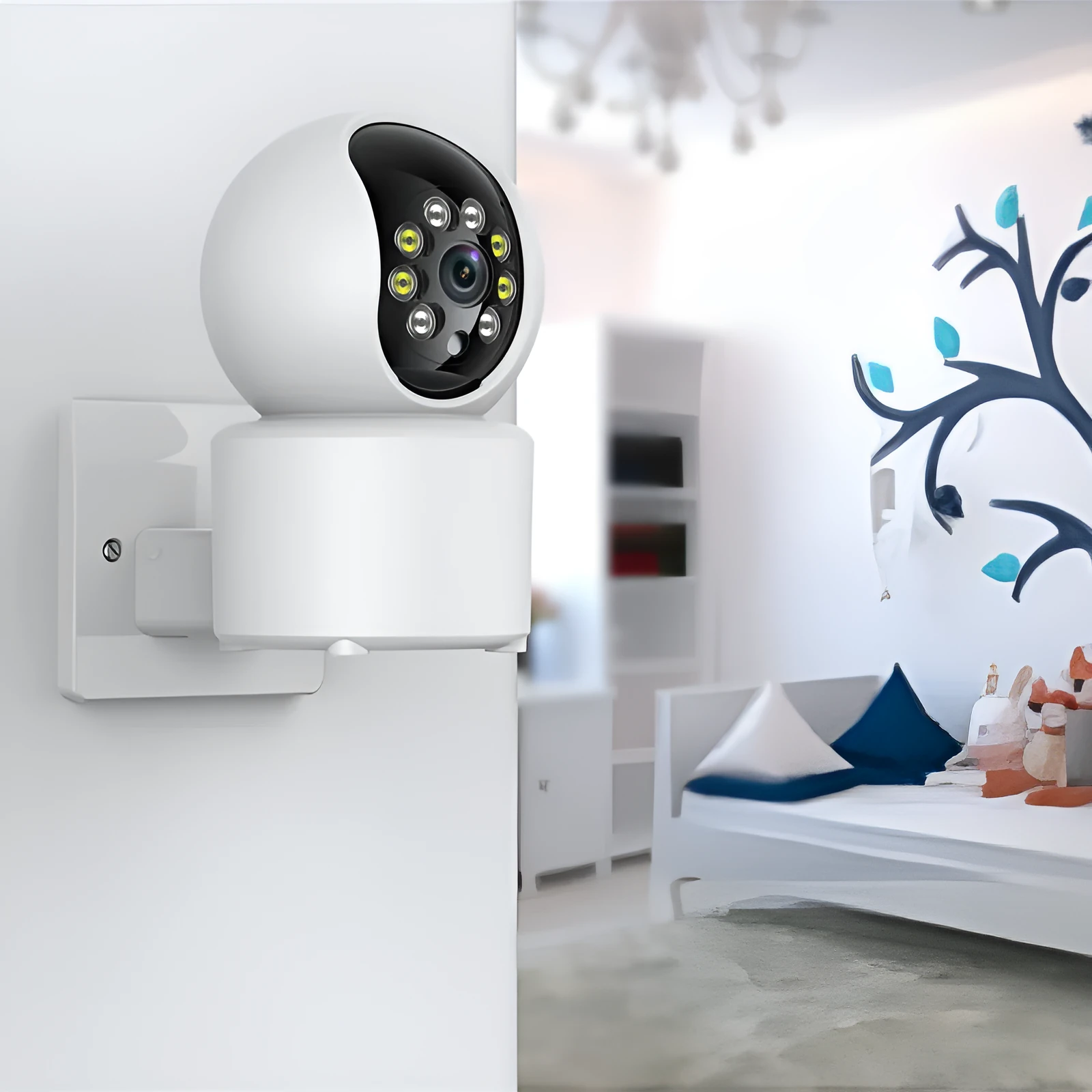 White wireless indoor security camera with 360-degree rotation capability on stand
