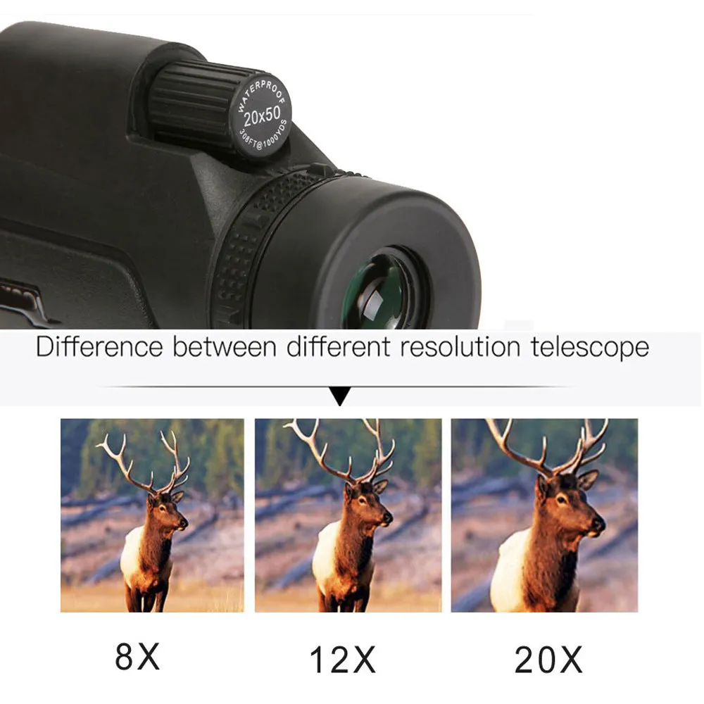 Black 20x50 monocular telescope with 12x magnification for outdoor observation