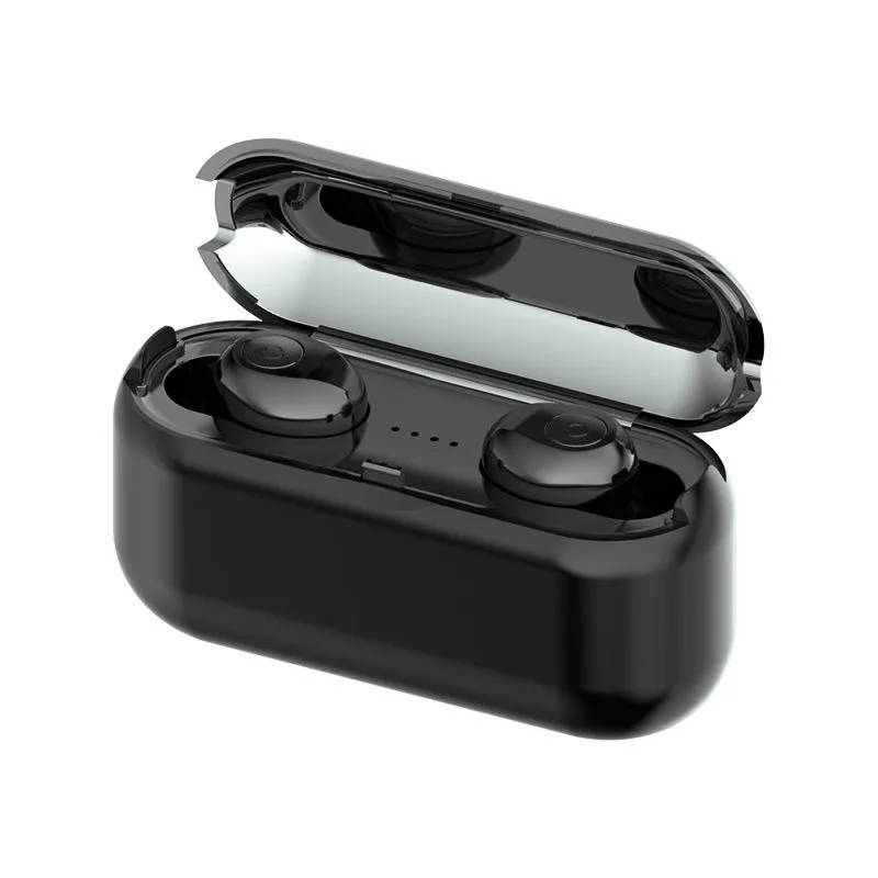 Black and white TWS Bluetooth headset with charging case, showing earbud design.