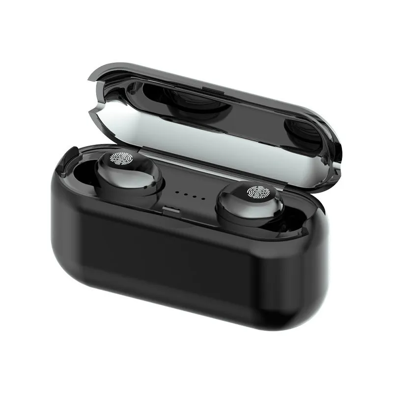 Black and white TWS Bluetooth headset with charging case, showing earbud design.