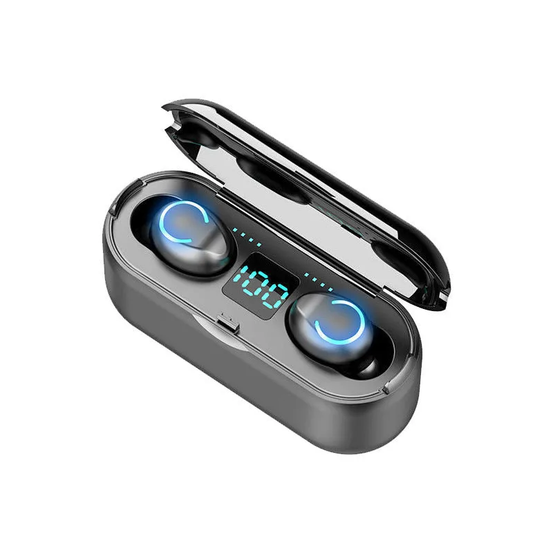 Black and white TWS Bluetooth headset with charging case, showing earbud design.