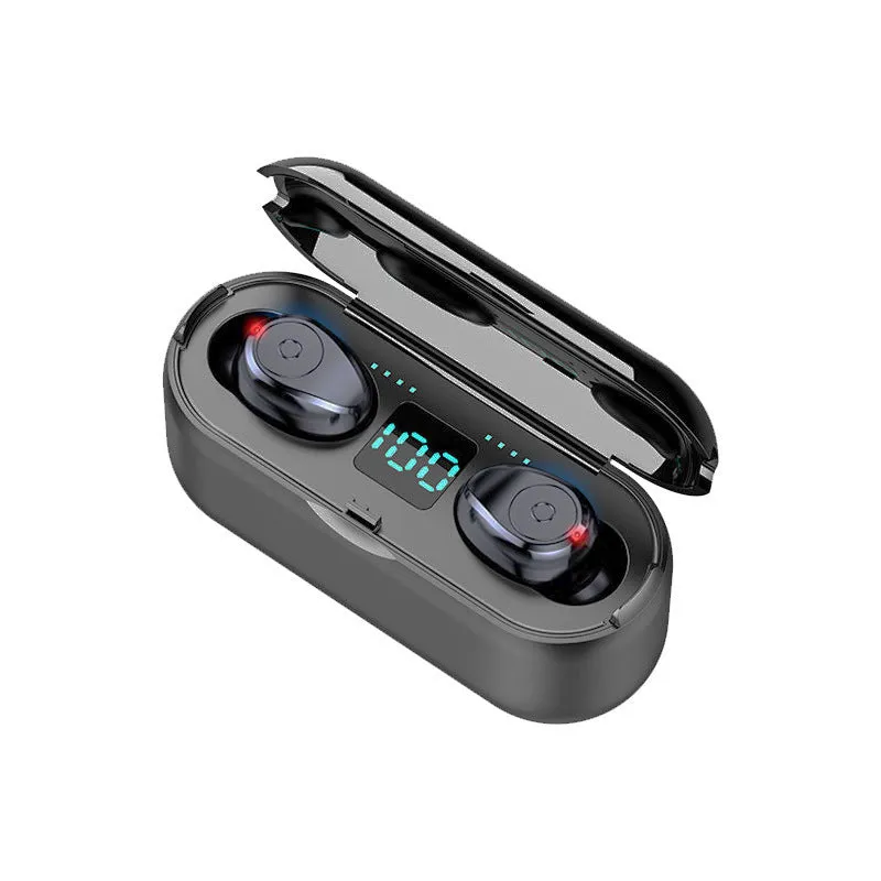 Black and white TWS Bluetooth headset with charging case, showing earbud design.