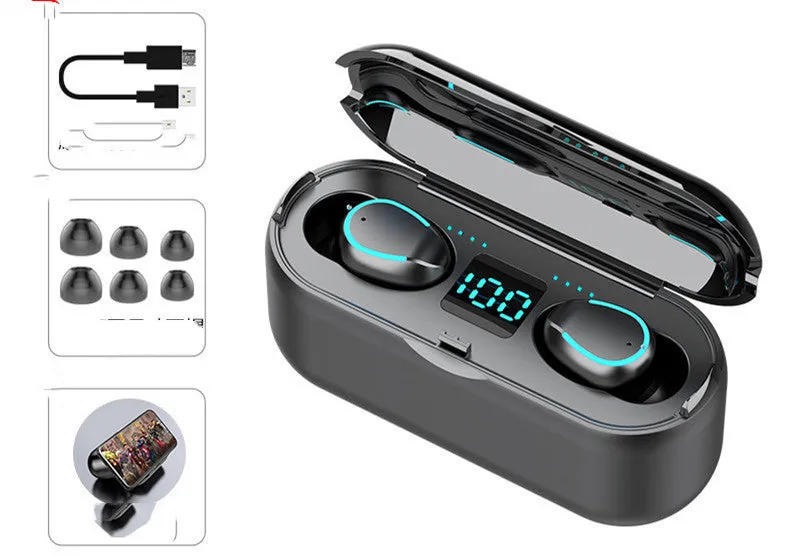 Black and white TWS Bluetooth headset with charging case, showing earbud design.