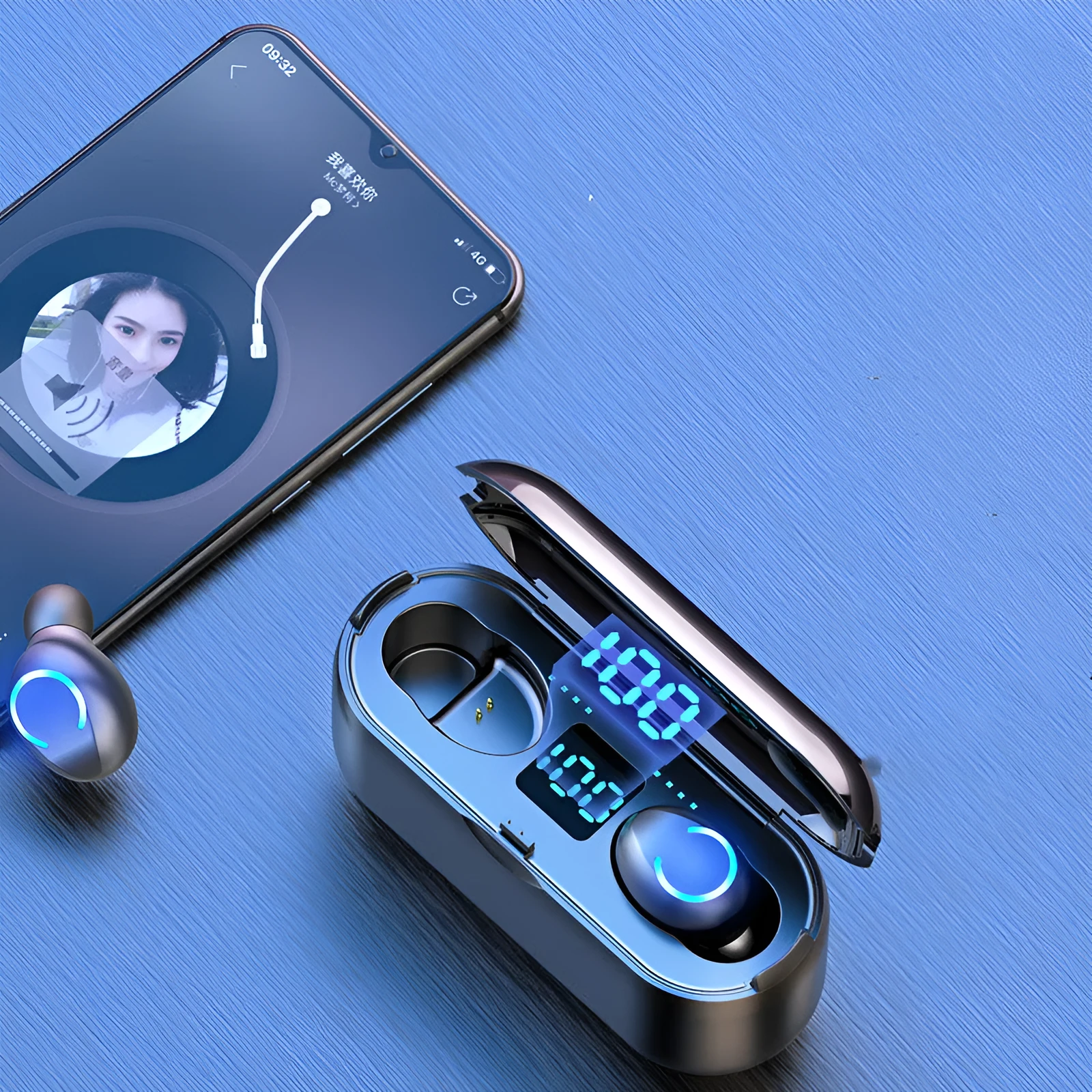 Black and white TWS Bluetooth headset with charging case, showing earbud design.