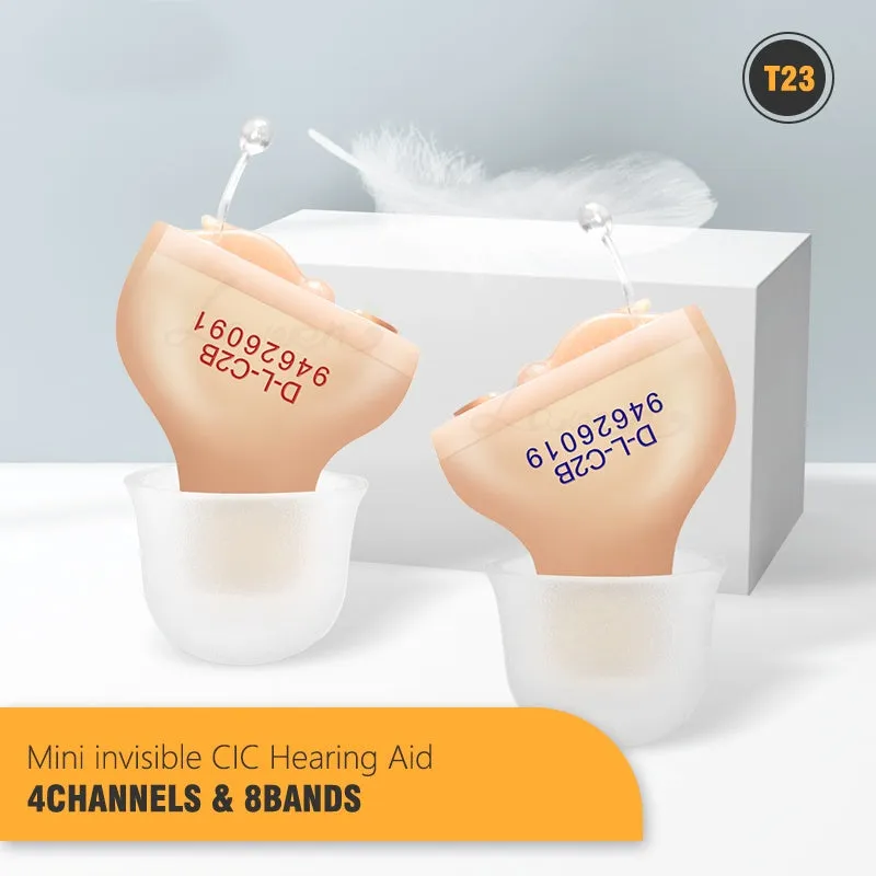 Mini completely-in-the-canal T23 hearing aid unit with selection of ear dome sizes.