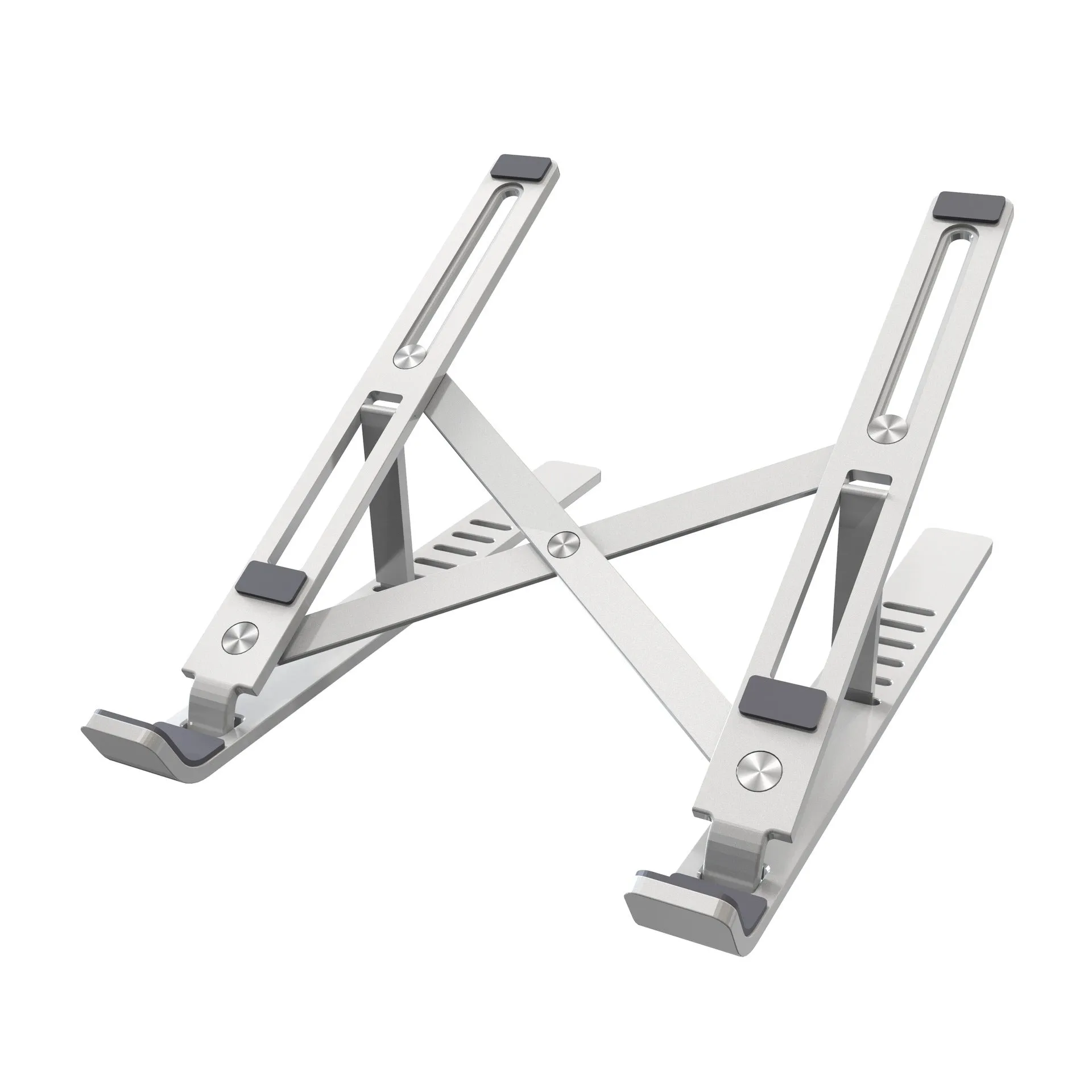 Silver aluminium laptop stand folded flat showing magnetic catch and adjustment gears