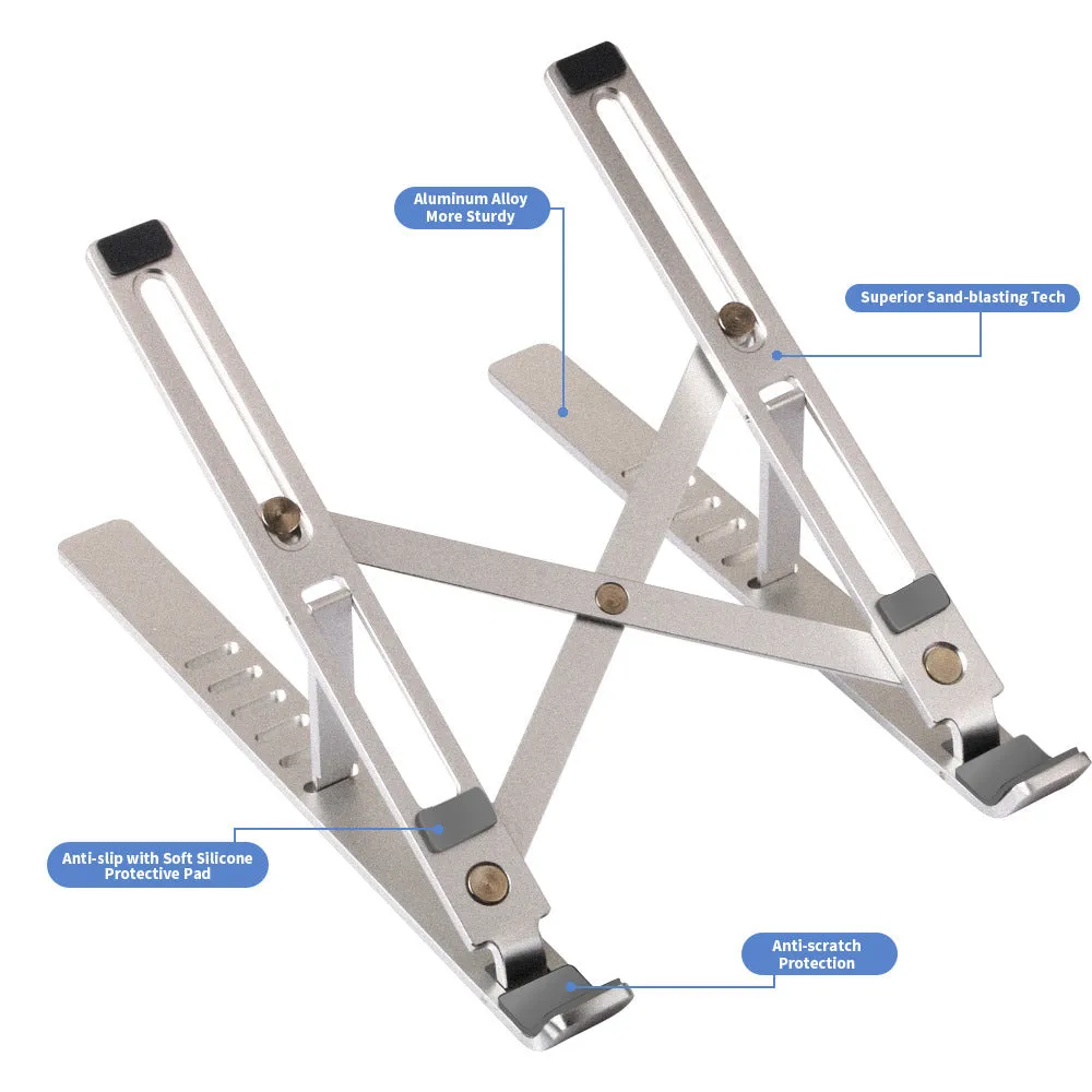 Silver aluminium laptop stand folded flat showing magnetic catch and adjustment gears