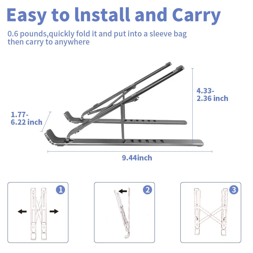 Silver aluminium laptop stand folded flat showing magnetic catch and adjustment gears