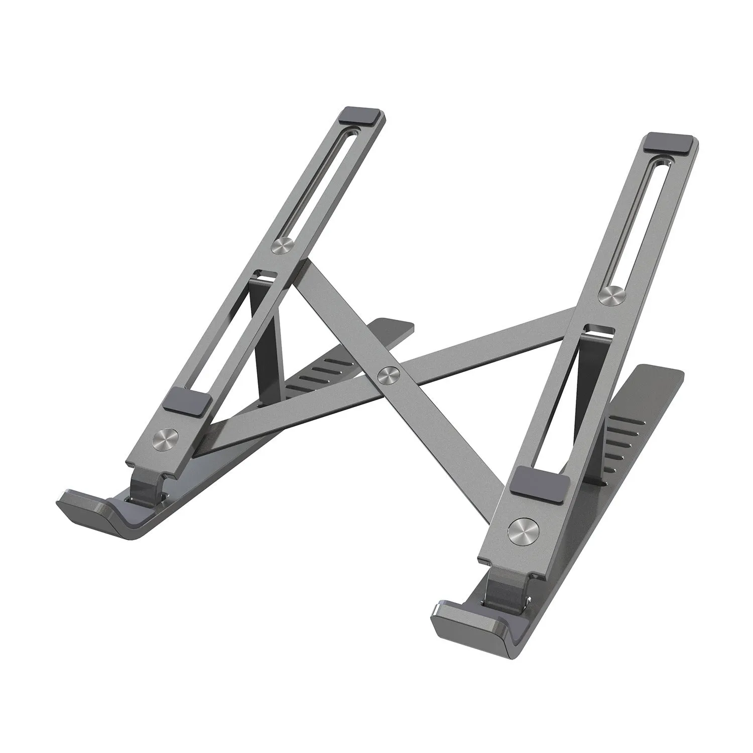 Silver aluminium laptop stand folded flat showing magnetic catch and adjustment gears
