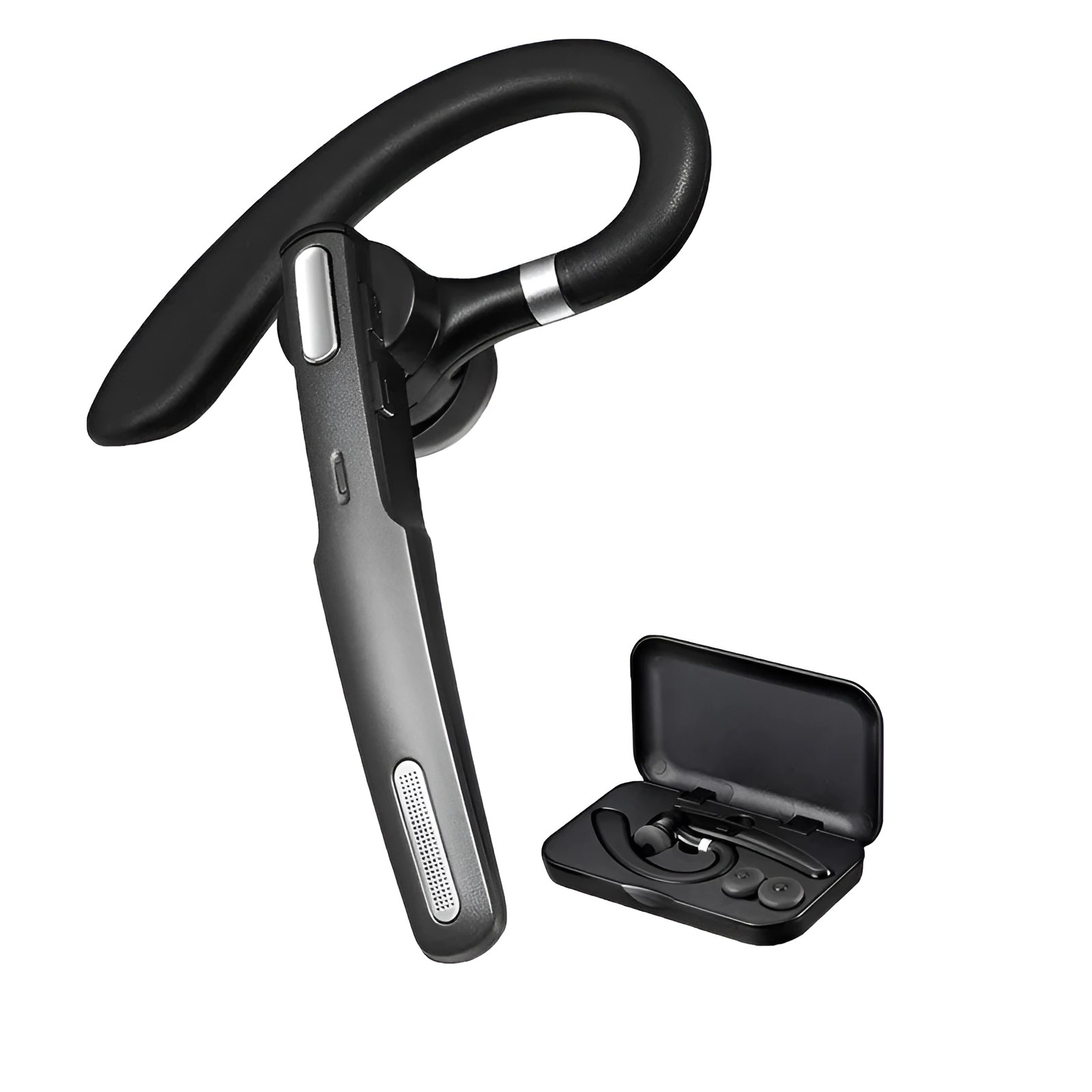 Black mono Bluetooth headset with over-ear hook for hanging-ear wearing style