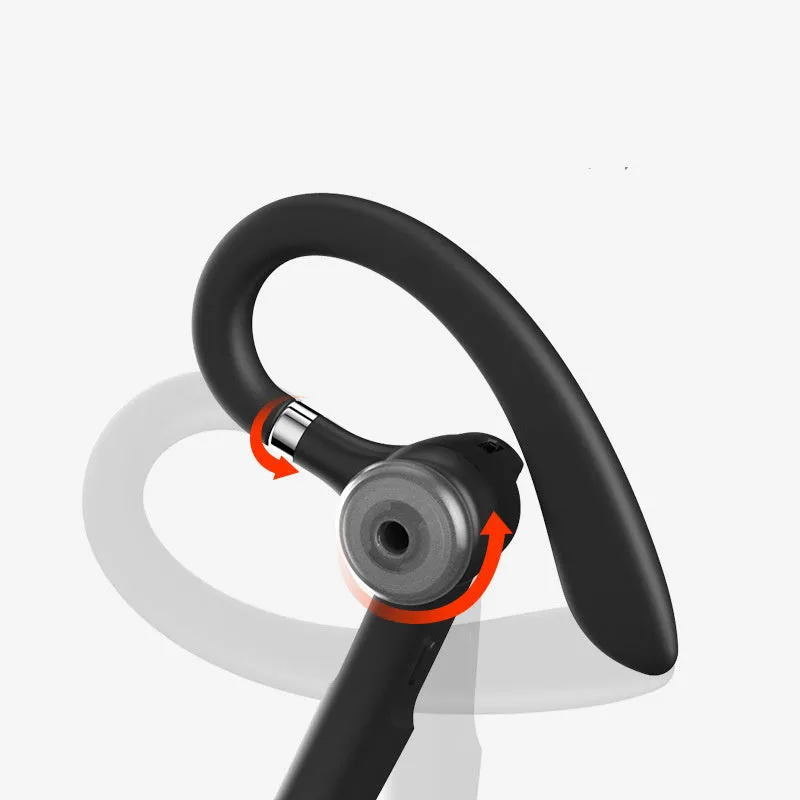 Black mono Bluetooth headset with over-ear hook for hanging-ear wearing style