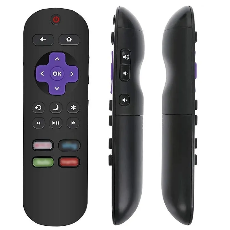 Black Roku TV remote control compatible with multiple Roku television model series.