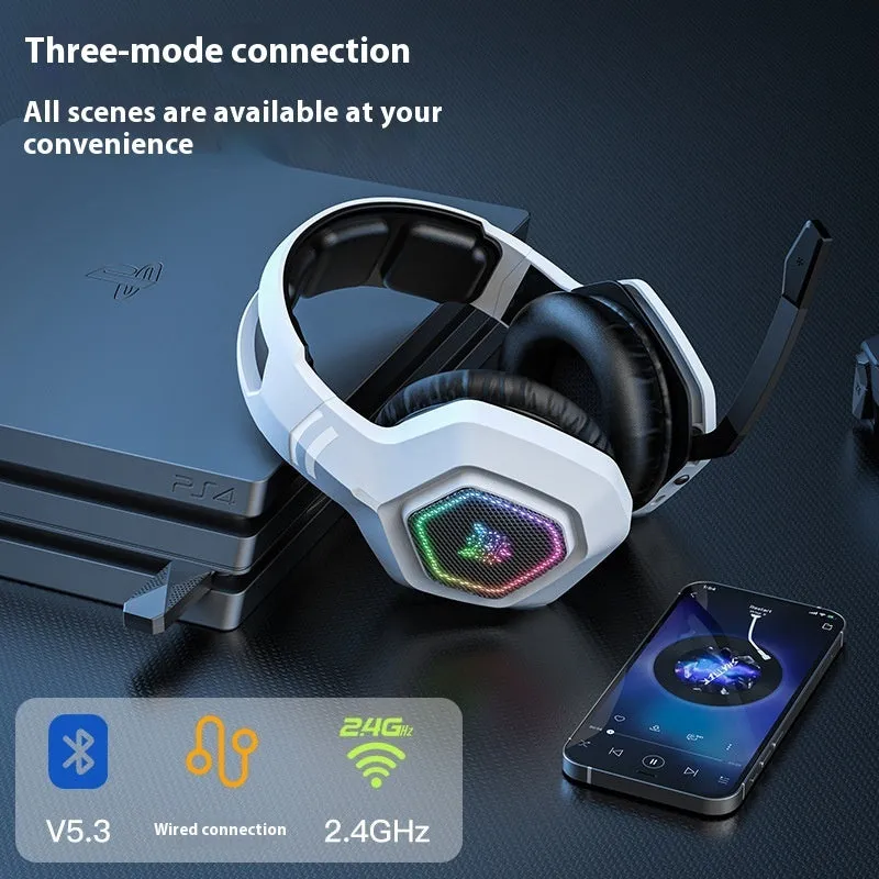 Black and white wireless gaming headset with RGB lighting, showing lightweight 24g design