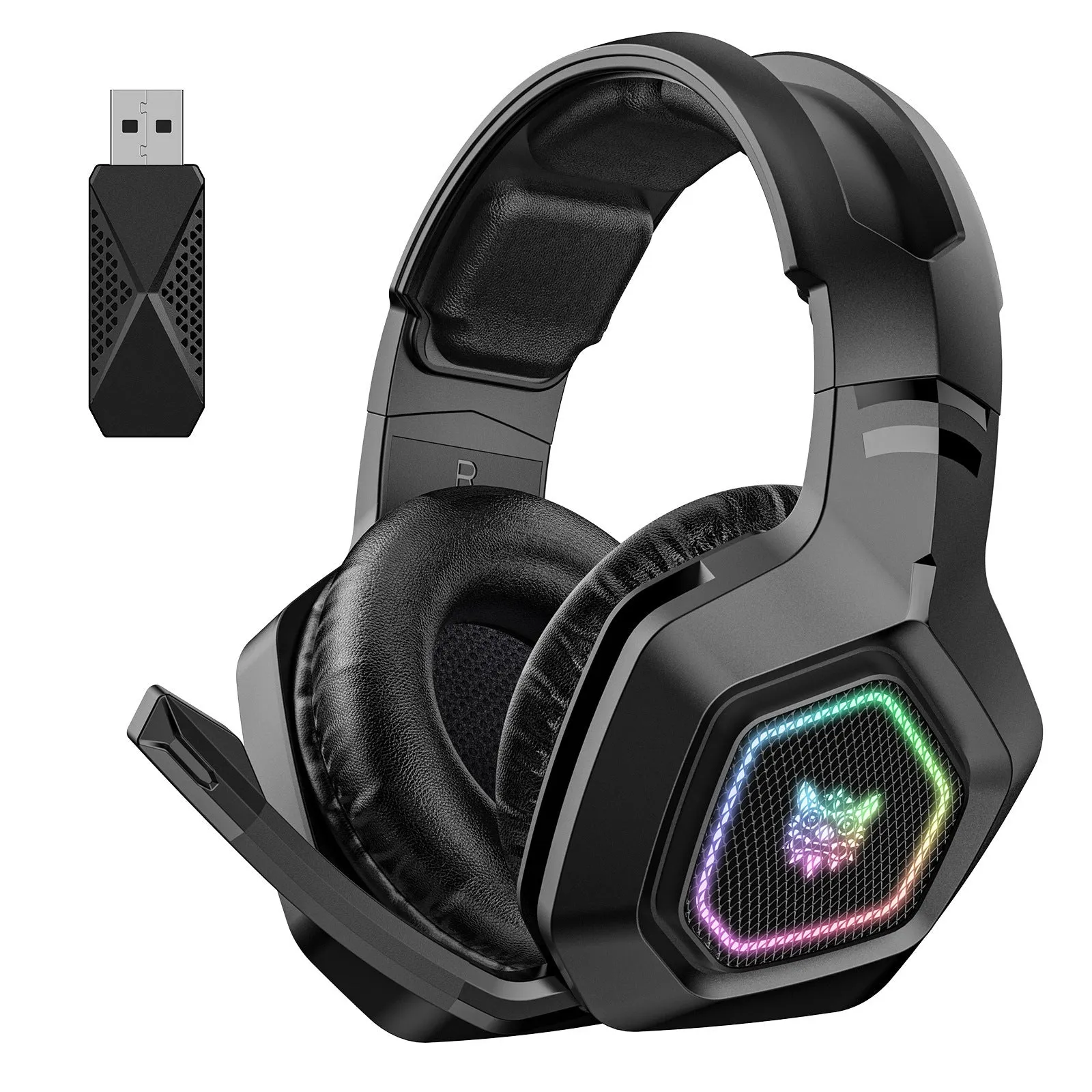 Black and white wireless gaming headset with RGB lighting, showing lightweight 24g design