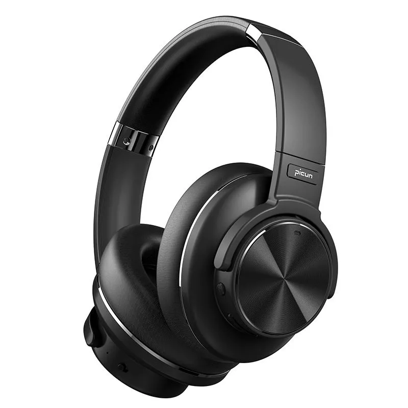 Cold black Bluetooth wireless over-ear headphones with active noise cancellation and built-in microphone