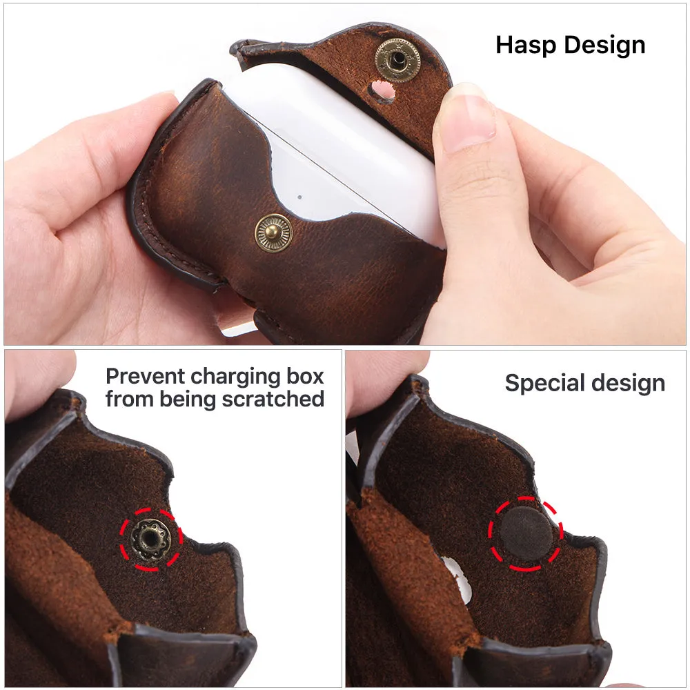Brown leather AirPods Pro clamshell case with crazy horse pattern texture