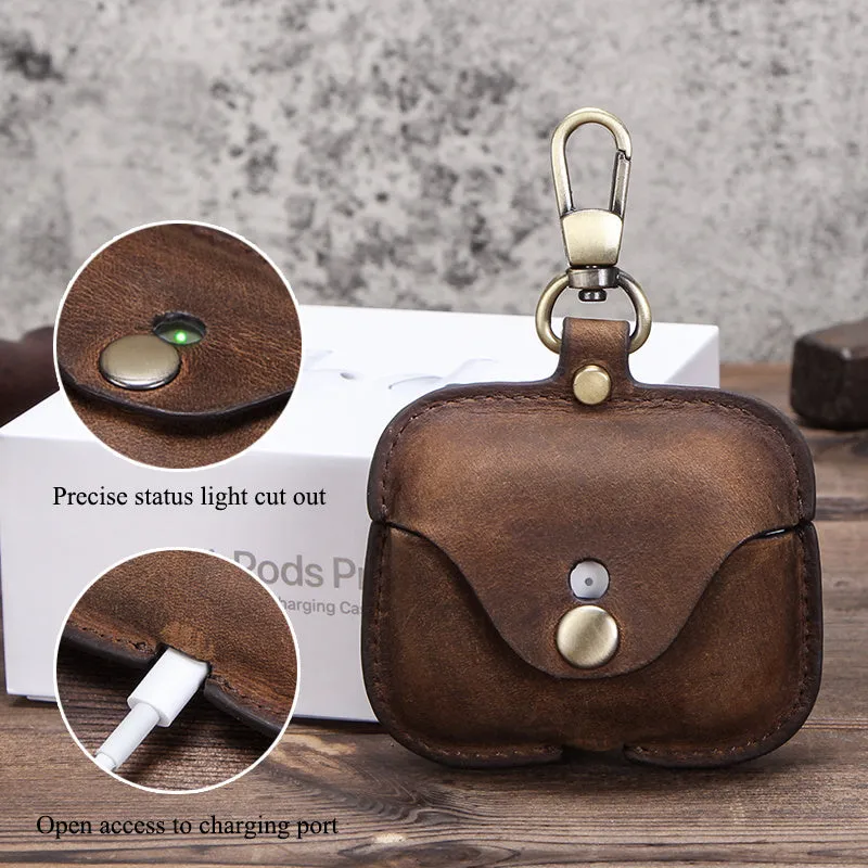 Brown leather AirPods Pro clamshell case with crazy horse pattern texture