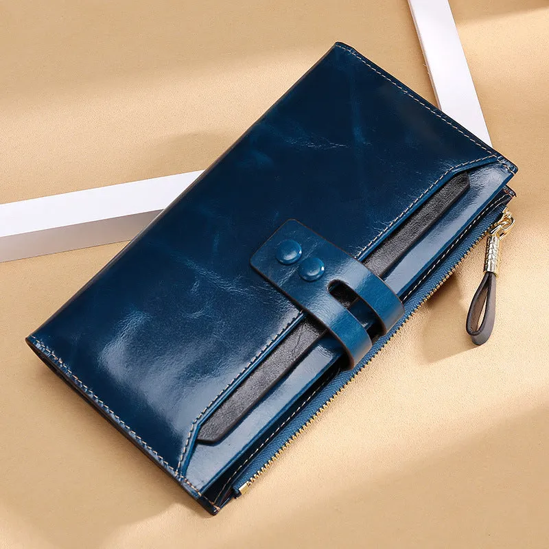 Retro style women's oil wax leather wallet showing multiple card slots, cash clip, and buckle closure in natural yellow colour