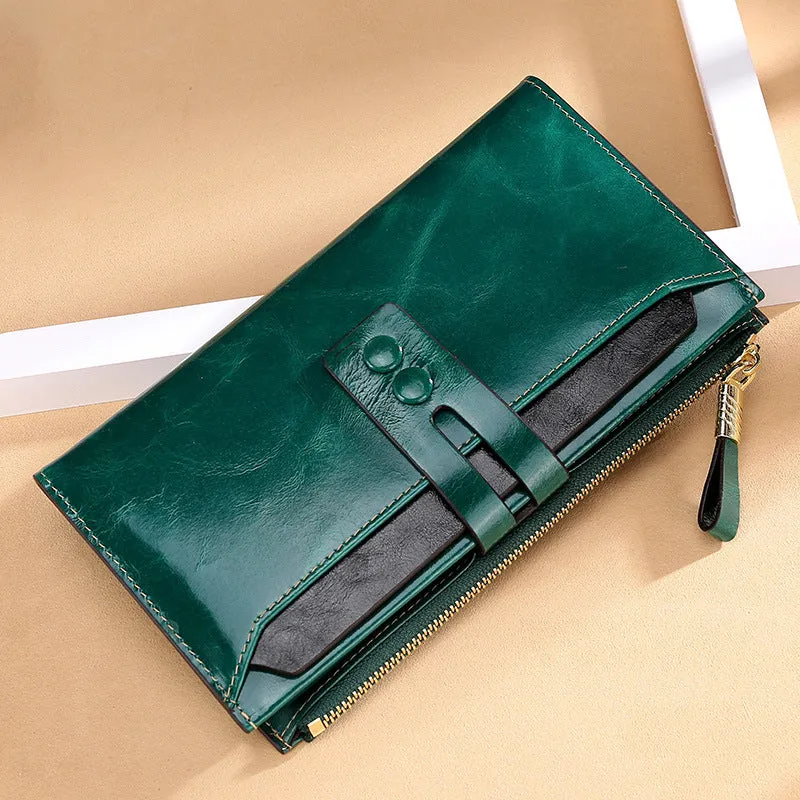 Retro style women's oil wax leather wallet showing multiple card slots, cash clip, and buckle closure in natural yellow colour