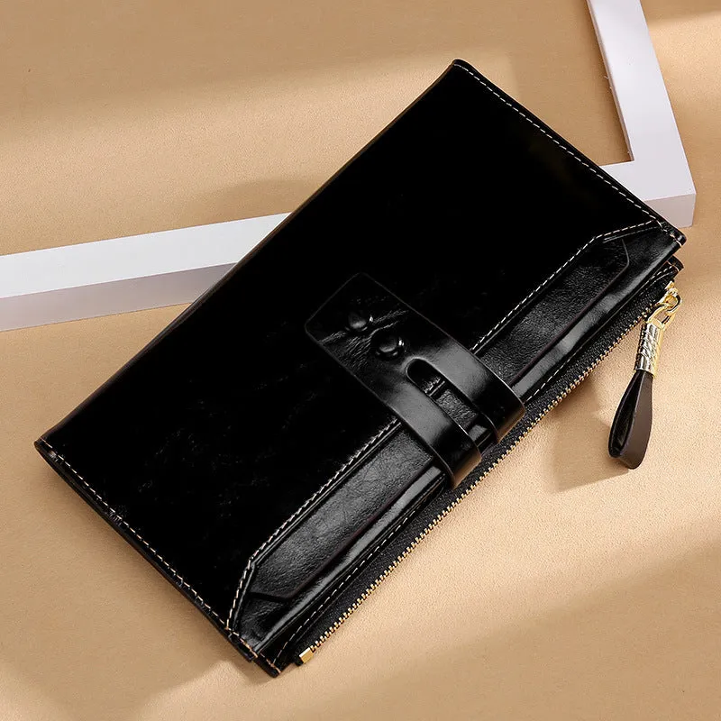 Retro style women's oil wax leather wallet showing multiple card slots, cash clip, and buckle closure in natural yellow colour