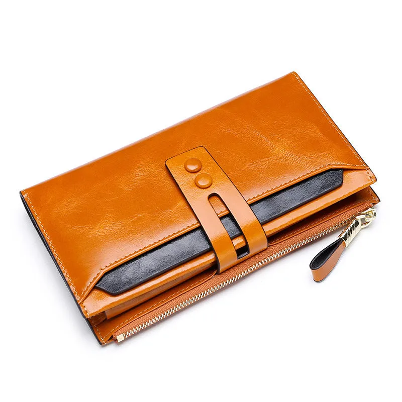 Retro style women's oil wax leather wallet showing multiple card slots, cash clip, and buckle closure in natural yellow colour