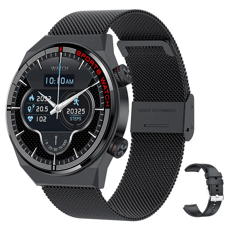 Black Bluetooth smartwatch with genuine leather strap and rotary key on a 1.3-inch screen