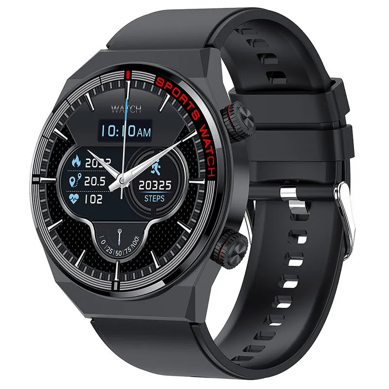 Black Bluetooth smartwatch with genuine leather strap and rotary key on a 1.3-inch screen