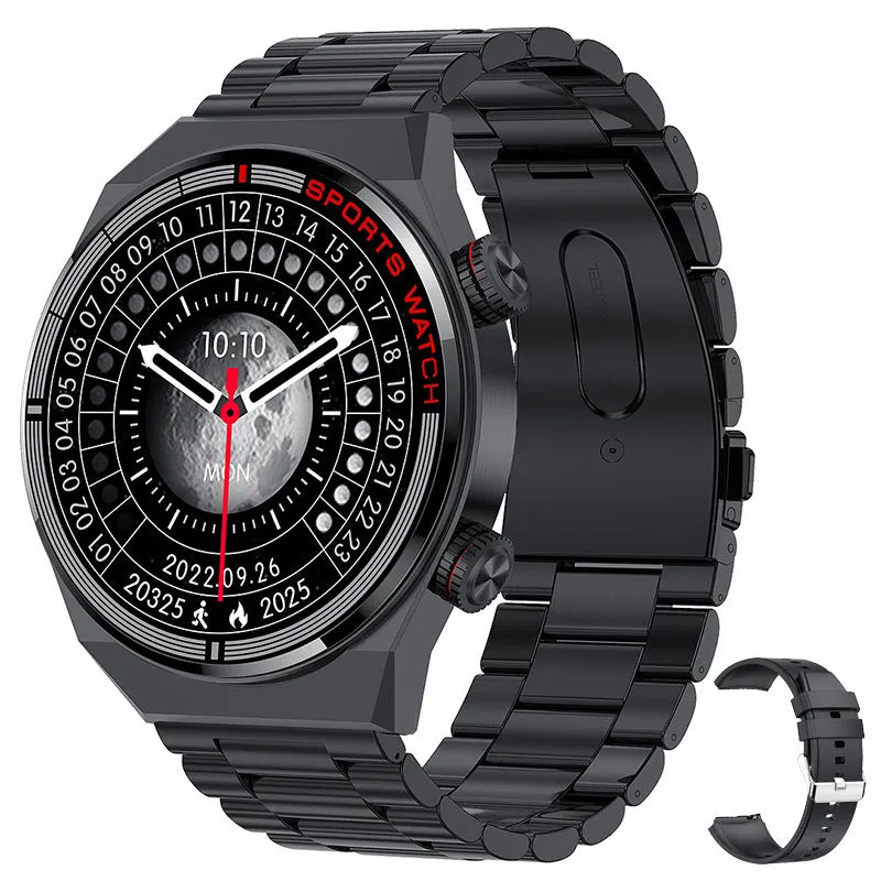 Black Bluetooth smartwatch with genuine leather strap and rotary key on a 1.3-inch screen