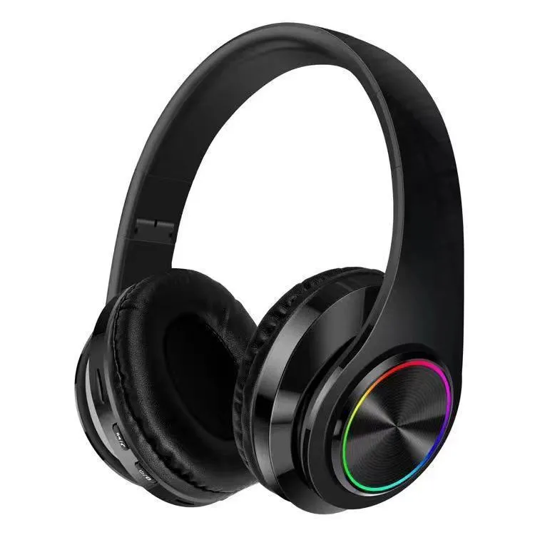 Wireless Bluetooth gaming headset in black with head-mounted design and breathing light effects